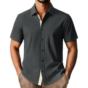 imagePJ PAUL JONES Mens Short Sleeve Button Down Shirts Casual Stylish WrinkleFree Untuckit Dress ShirtGrey Black