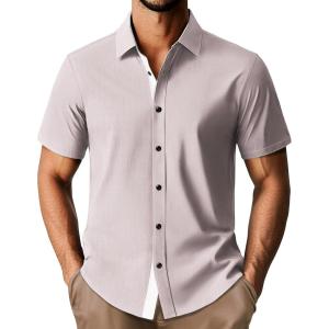 imagePJ PAUL JONES Mens Short Sleeve Button Down Shirts Casual Stylish WrinkleFree Untuckit Dress ShirtGrey Pink