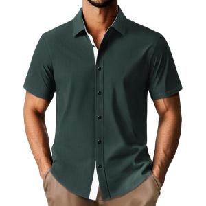 imagePJ PAUL JONES Mens Short Sleeve Button Down Shirts Casual Stylish WrinkleFree Untuckit Dress ShirtOlive Green