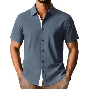 imagePJ PAUL JONES Mens Short Sleeve Button Down Shirts Casual Stylish WrinkleFree Untuckit Dress ShirtPurple Blue