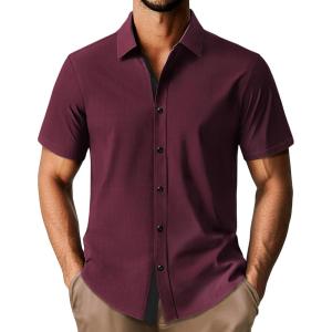 imagePJ PAUL JONES Mens Short Sleeve Button Down Shirts Casual Stylish WrinkleFree Untuckit Dress ShirtRed