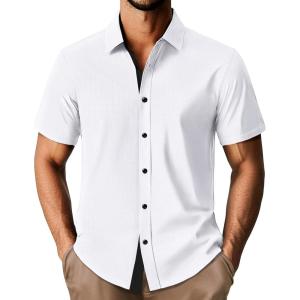 imagePJ PAUL JONES Mens Short Sleeve Button Down Shirts Casual Stylish WrinkleFree Untuckit Dress ShirtWhite