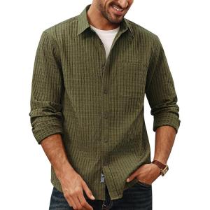 imagePJ PAUL JONES Mens Casual Button Down Shirts Long Sleeve Textured Wrinkle Free Untucked Shirt with PocketArmy Green