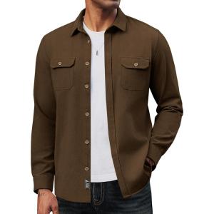 imagePJ PAUL JONES Mens Casual Shacket Cotton Twill Lightweight Jackets Button Down Shirt Jacket with PocketsCoffee