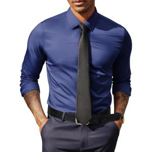 imagePJ PAUL JONES Mens Dress Shirt Long Sleeve Business Casual WrinkleFree Stretch Slim Fit Shirt for Wedding Office TravelNavy Blue