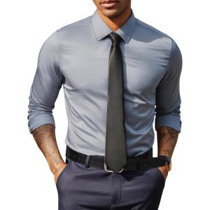 imagePJ PAUL JONES Mens Dress Shirt Long Sleeve Business Casual WrinkleFree Stretch Slim Fit Shirt for Wedding Office TravelSilver Gray