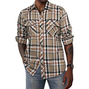 imagePJ PAUL JONES Mens Flannel Plaid Shirt Casual Long Sleeve Button Down Shirts with PocketsBeige