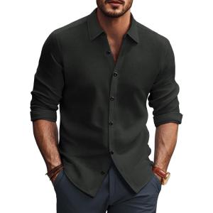 imagePJ PAUL JONES Mens Long Sleeve Button Down Shirts Wrinkle Free Stretch Untucked Dress Shirts Business Casual ShirtCarbon Black