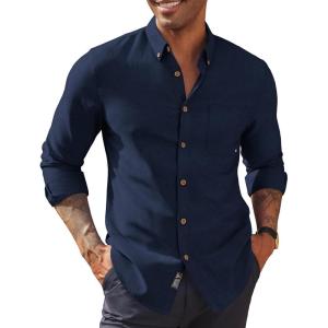 imagePJ PAUL JONES Mens Oxford Button Down Shirt Long Sleeve Regular Fit Business Casual Dress Shirts with Chest PocketNavy Blue
