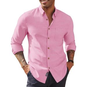 imagePJ PAUL JONES Mens Oxford Button Down Shirt Long Sleeve Regular Fit Business Casual Dress Shirts with Chest PocketPink