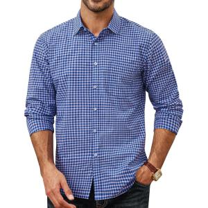 imagePJ PAUL JONES Mens Slim Fit Long Sleeve Plaid Shirt Cotton Business Casual Dress Shirts with Pocket Gingham ShirtsBlue Gingham