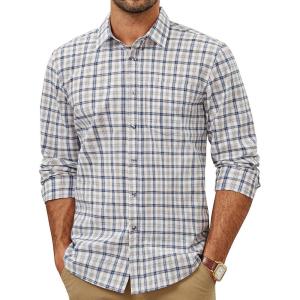 imagePJ PAUL JONES Mens Slim Fit Long Sleeve Plaid Shirt Cotton Business Casual Dress Shirts with Pocket Gingham ShirtsKhaki Gingham