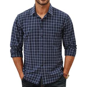 imagePJ PAUL JONES Mens Slim Fit Long Sleeve Plaid Shirt Cotton Business Casual Dress Shirts with Pocket Gingham ShirtsNavy Gingham