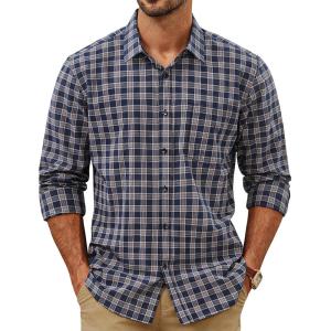 imagePJ PAUL JONES Mens Slim Fit Long Sleeve Plaid Shirt Cotton Business Casual Dress Shirts with Pocket Gingham ShirtsNavy Tan Gingham