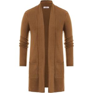 imageMens Shawl Collar Open Front Long Cardigan Ribbed Knit Sweater with PocketsBrown