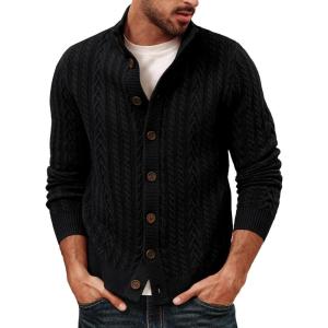imagePJ PAUL JONES Mens Cardigan Sweater Button Down Stand Collar Cardigans Long Sleeve Knitted SweatersBlack