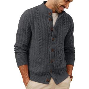imagePJ PAUL JONES Mens Cardigan Sweater Button Down Stand Collar Cardigans Long Sleeve Knitted SweatersDark Gray