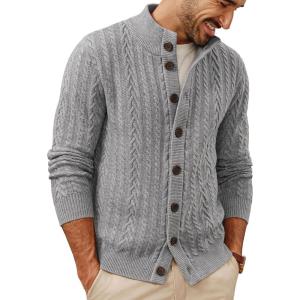 imagePJ PAUL JONES Mens Cardigan Sweater Button Down Stand Collar Cardigans Long Sleeve Knitted SweatersLight Grey