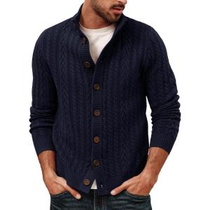 imagePJ PAUL JONES Mens Cardigan Sweater Button Down Stand Collar Cardigans Long Sleeve Knitted SweatersNavy Blue