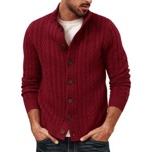 imagePJ PAUL JONES Mens Cardigan Sweater Button Down Stand Collar Cardigans Long Sleeve Knitted SweatersWine Red