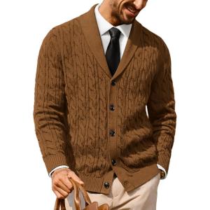 imagePJ PAUL JONES Mens Cardigan Sweater Cable Knit Sweaters Shawl Collar Texture Solid CardigansCamel