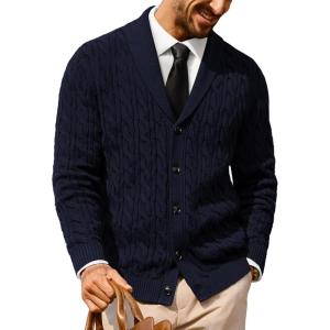 imagePJ PAUL JONES Mens Cardigan Sweater Cable Knit Sweaters Shawl Collar Texture Solid CardigansNavy Blue