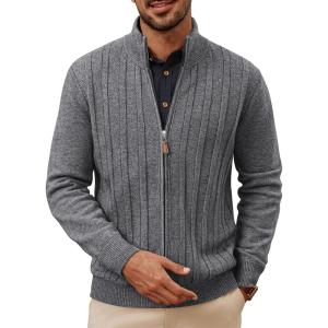 imagePJ PAUL JONES Mens Cardigan Sweater Full Zip Up Cardigans Ribbed Knit Stand Collar SweatersDark Gray