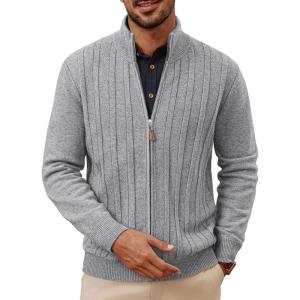 imagePJ PAUL JONES Mens Cardigan Sweater Full Zip Up Cardigans Ribbed Knit Stand Collar SweatersGrey