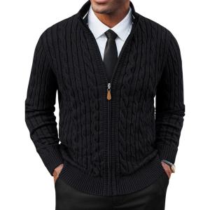 imagePJ PAUL JONES Mens Cardigan Sweater Full Zip Up Stand Collar Cardigans Long Sleeve Knitted SweatersBlack