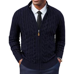 imagePJ PAUL JONES Mens Cardigan Sweater Full Zip Up Stand Collar Cardigans Long Sleeve Knitted SweatersNavy Blue