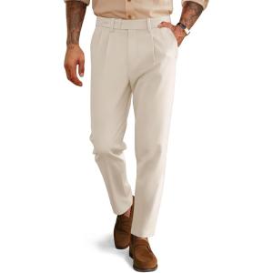 imagePJ PAUL JONES Mens Dress Pants Vintage Pleated Tapered Cropped Pants Extended Waist Work Dress Pant Casual SlacksBeige