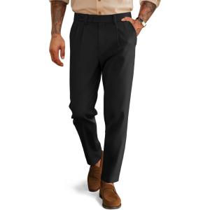 imagePJ PAUL JONES Mens Dress Pants Vintage Pleated Tapered Cropped Pants Extended Waist Work Dress Pant Casual SlacksBlack
