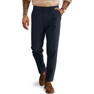 imagePJ PAUL JONES Mens Dress Pants Vintage Pleated Tapered Cropped Pants Extended Waist Work Dress Pant Casual SlacksNavy Blue