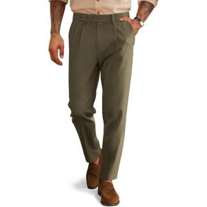 imagePJ PAUL JONES Mens Dress Pants Vintage Pleated Tapered Cropped Pants Extended Waist Work Dress Pant Casual SlacksOlive Green