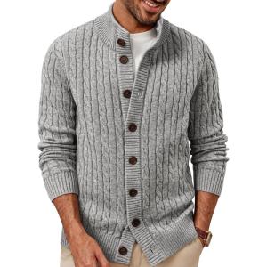 imagePJ PAUL JONES Mens Sweater Casual Cardigan Sweater Button Down Cable Knitted Textured SweaterLight Grey