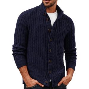 imagePJ PAUL JONES Mens Sweater Casual Cardigan Sweater Button Down Cable Knitted Textured SweaterNavy Blue