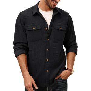 imagePJ PAUL JONES Mens Button Down Waffle Textured Shirt Casual Long Sleeve Wrinkle Free Untucked Shirts with Flap PocketsBlack
