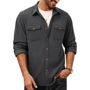 imagePJ PAUL JONES Mens Button Down Waffle Textured Shirt Casual Long Sleeve Wrinkle Free Untucked Shirts with Flap PocketsDark Gray