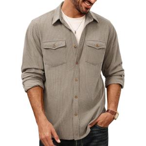 imagePJ PAUL JONES Mens Button Down Waffle Textured Shirt Casual Long Sleeve Wrinkle Free Untucked Shirts with Flap PocketsKhaki