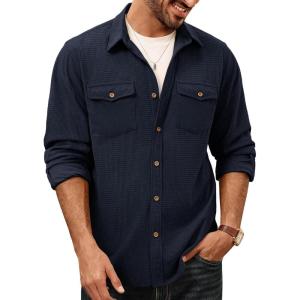 imagePJ PAUL JONES Mens Button Down Waffle Textured Shirt Casual Long Sleeve Wrinkle Free Untucked Shirts with Flap PocketsNavy Blue