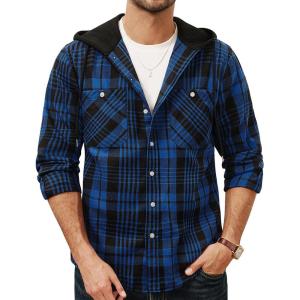 imagePJ PAUL JONES Mens Flannel Shirt Plaid Hoodie Casual Shirt Long Sleeve Lightweight Shirt JacketsHooded Blue Black