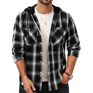imagePJ PAUL JONES Mens Flannel Shirt Plaid Hoodie Casual Shirt Long Sleeve Lightweight Shirt JacketsHooded Grey Black