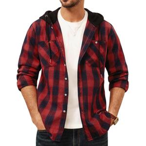 imagePJ PAUL JONES Mens Flannel Shirt Plaid Hoodie Casual Shirt Long Sleeve Lightweight Shirt JacketsHooded Red Black
