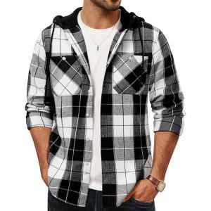 imagePJ PAUL JONES Mens Flannel Shirt Plaid Hoodie Casual Shirt Long Sleeve Lightweight Shirt JacketsHooded White Black