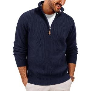 imagePJ PAUL JONES Men Quarter Zip Pullover Sweaters Casual Lightweight Knit Dress SweaterNavy Blue