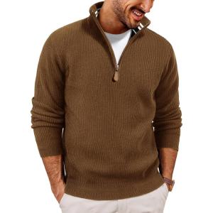 imagePJ PAUL JONES Men Quarter Zip Pullover Sweaters Casual Lightweight Knit Dress SweaterYellow Coffee