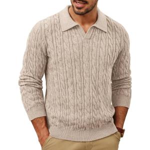 imagePJ PAUL JONES Men Sweaters V Neck Cable Knit Sweater Fall Casual Slim Fit PulloverApricot