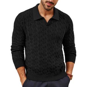 imagePJ PAUL JONES Men Sweaters V Neck Cable Knit Sweater Fall Casual Slim Fit PulloverBlack