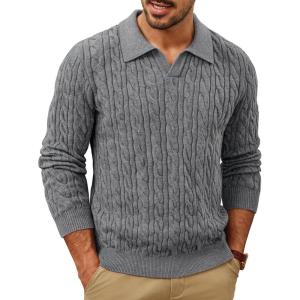 imagePJ PAUL JONES Men Sweaters V Neck Cable Knit Sweater Fall Casual Slim Fit PulloverGray