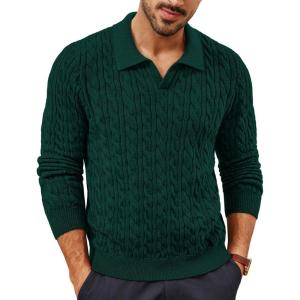 imagePJ PAUL JONES Men Sweaters V Neck Cable Knit Sweater Fall Casual Slim Fit PulloverGreen